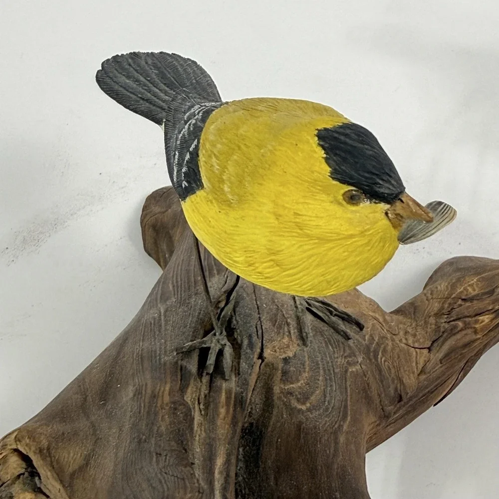 Vintage Hand Carved Wood Gold Finch Bird Figurine Driftwood Branch Signed